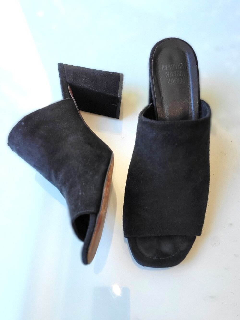 Maryam Nassir Zadeh Black Suede Mules Size 38.5 Block Heel